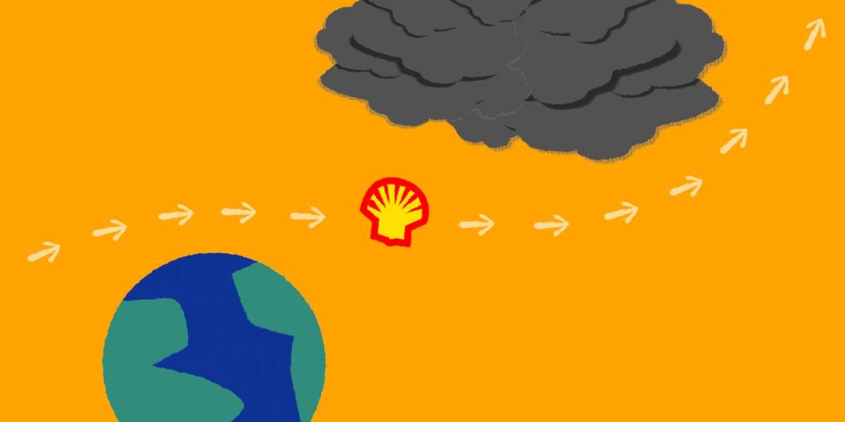 Een getekende afbeelding van de aarde, het Shell-logo en een wolk van vervuiling.